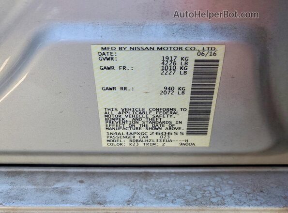 1N4AL3APXGC260655 2016 NISSAN ALTIMA Silver Вид підкапотного простору
