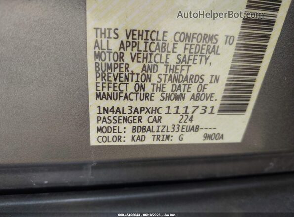 1N4AL3APXHC111731 2017 NISSAN ALTIMA Серый Вид подкапотного пространства