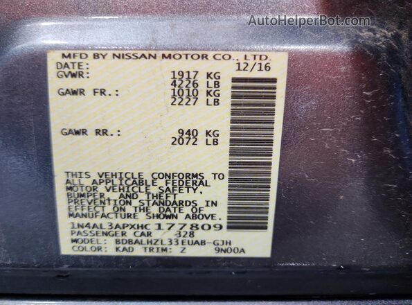 1N4AL3APXHC177809 2017 NISSAN ALTIMA Gray Вид наклейки з VIN-кодом