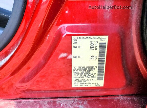 1N4AL3APXHC236471 2017 NISSAN ALTIMA Red Vista de la etiqueta del VIN