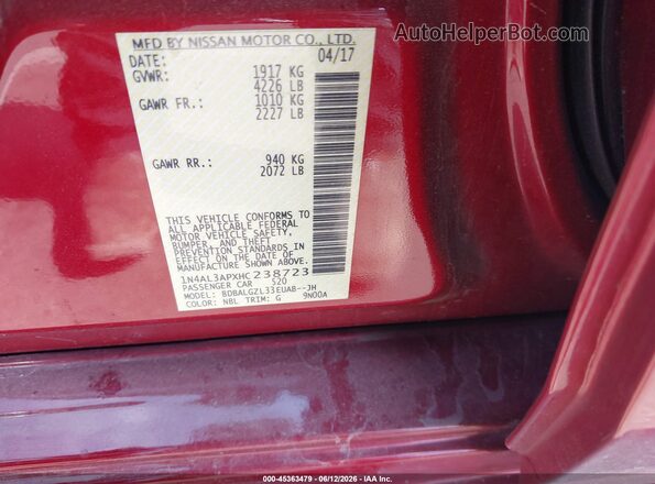1N4AL3APXHC238723 2017 NISSAN ALTIMA Red ძრავის განყოფილების ხედი