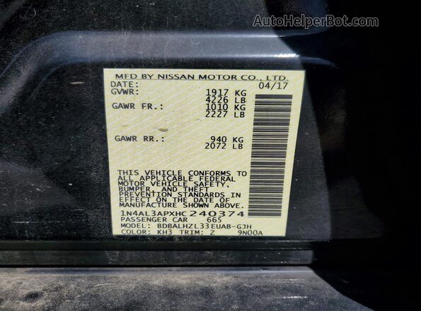 1N4AL3APXHC240374 2017 NISSAN ALTIMA Black VIN sticker view