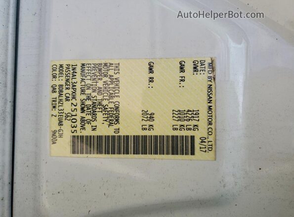 1N4AL3APXHC251035 2017 NISSAN ALTIMA White VIN კოდის სტიკერის ხედი