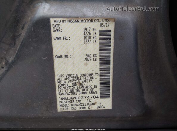 1N4AL3APXHC274704 2017 NISSAN ALTIMA Gray Engine compartment view