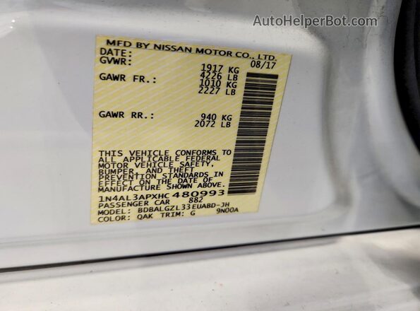 1N4AL3APXHC480993 2017 NISSAN ALTIMA White Vista del compartimento del motor