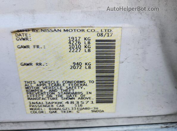1N4AL3APXHC483571 2017 NISSAN ALTIMA White ძრავის განყოფილების ხედი