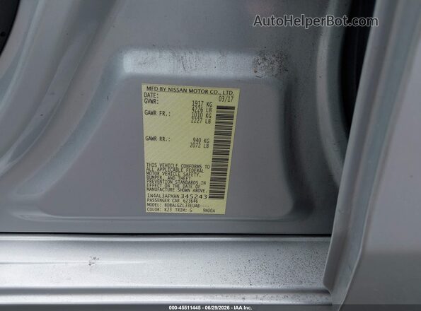 1N4AL3APXHN345243 2017 NISSAN ALTIMA Silver ძრავის განყოფილების ხედი
