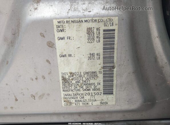 1N4AL3APXJC201502 2018 NISSAN ALTIMA Silver Вид підкапотного простору