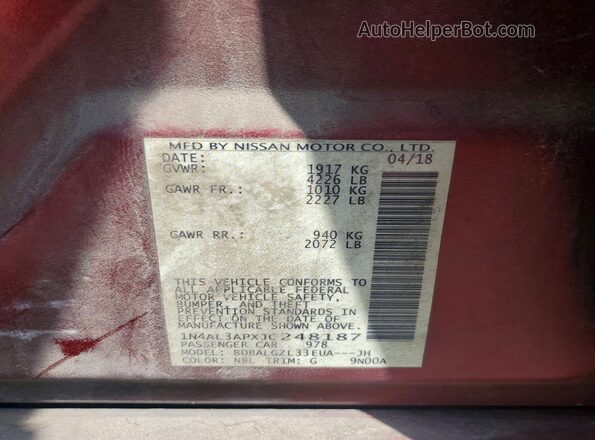 1N4AL3APXJC248187 2018 NISSAN ALTIMA Красный Вид наклейки с VIN-кодом
