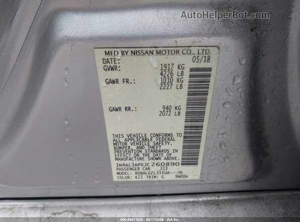 1N4AL3APXJC260890 2018 NISSAN ALTIMA Silver Widok komory silnika
