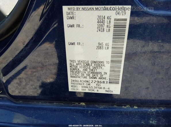 1N4AL4CV0KC229683 2019 NISSAN ALTIMA Blue Widok komory silnika