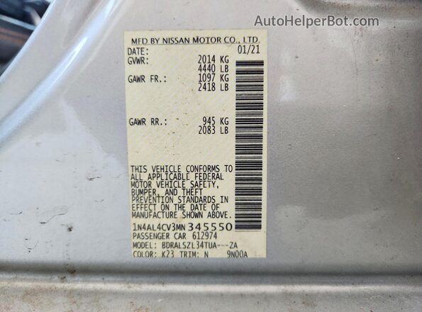 1N4AL4CV3MN345550 2021 NISSAN ALTIMA Серый Вид наклейки с VIN-кодом