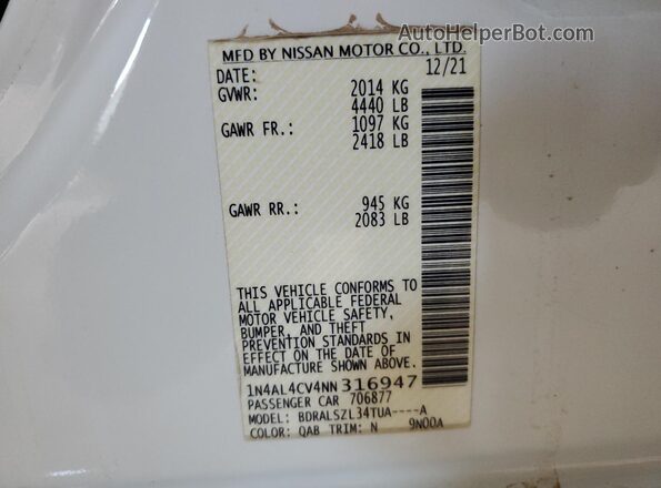 1N4AL4CV4NN316947 2022 NISSAN ALTIMA White Vista del compartimento del motor