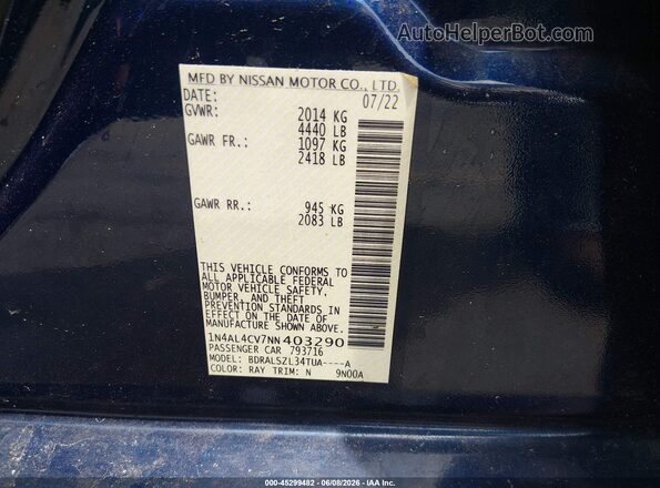 1N4AL4CV7NN403290 2022 NISSAN ALTIMA Blue Widok komory silnika