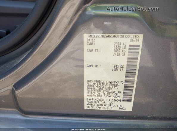 1N4AL4CV8LC117604 2020 NISSAN ALTIMA Gray Вид підкапотного простору