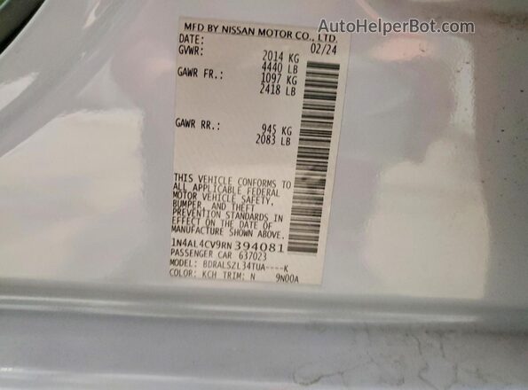 1N4AL4CV9RN394081 2024 NISSAN ALTIMA Gray Widok naklejki z numerem VIN