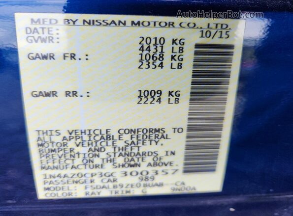 1N4AZ0CP3GC300357 2016 NISSAN LEAF Blue 