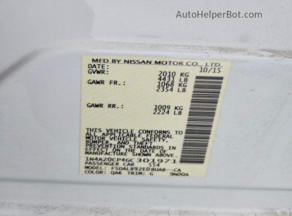 1N4AZ0CP4GC301971 2016 NISSAN LEAF White VIN sticker view