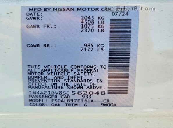 1N4AZ1BV8SC562048 2025 NISSAN LEAF White VIN კოდის სტიკერის ხედი