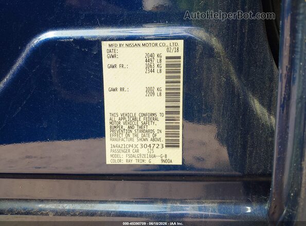 1N4AZ1CP4JC304723 2018 NISSAN LEAF Синий Вид наклейки с VIN-кодом