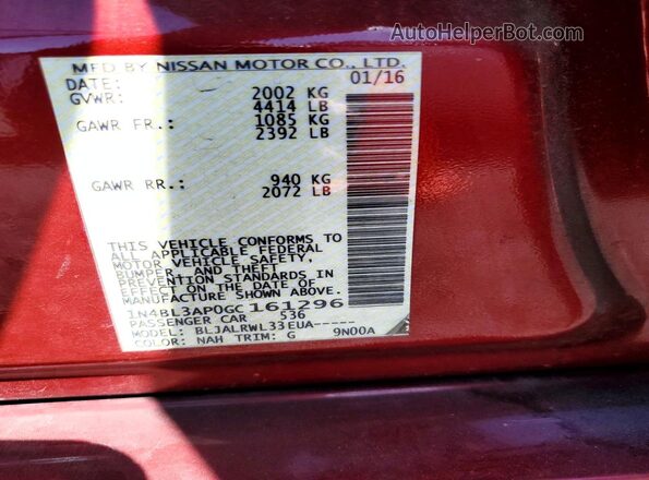 1N4BL3AP0GC161296 2016 NISSAN ALTIMA Maroon 