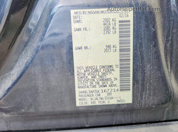 1N4BL3AP2GC167214 2016 NISSAN ALTIMA Charcoal Vista de la etiqueta del VIN