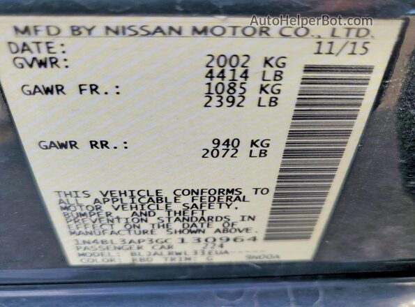 1N4BL3AP3GC130964 2016 NISSAN ALTIMA Charcoal Շարժիչի բաժամունքի տեսք