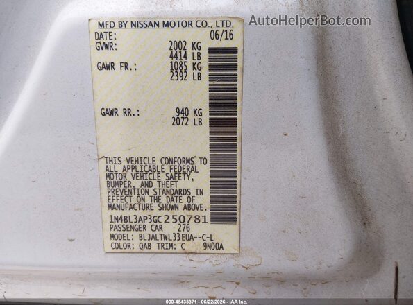 1N4BL3AP3GC250781 2016 NISSAN ALTIMA White Vista del compartimento del motor
