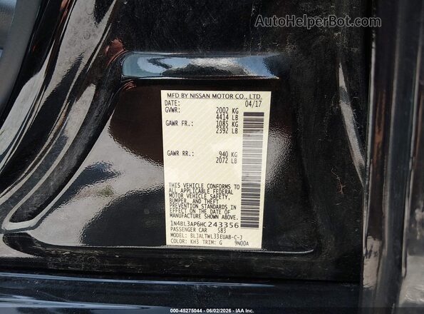 1N4BL3AP6HC243356 2017 NISSAN ALTIMA Black Вид підкапотного простору