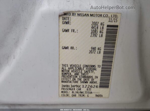 1N4BL3AP9GC122626 2016 NISSAN ALTIMA Белый Вид подкапотного пространства