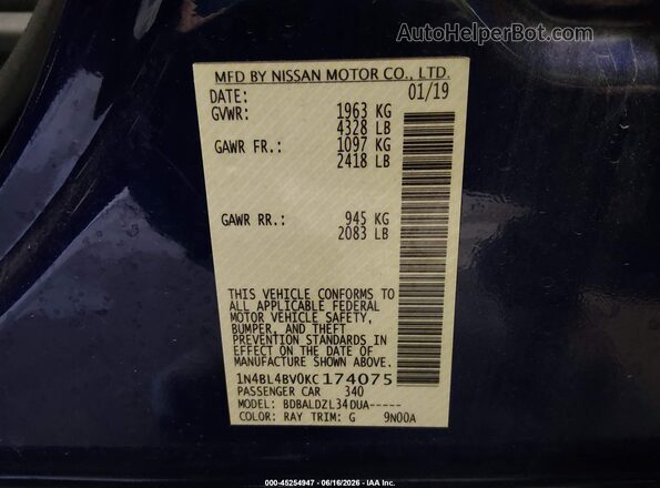 1N4BL4BV0KC174075 2019 NISSAN ALTIMA Black ძრავის განყოფილების ხედი