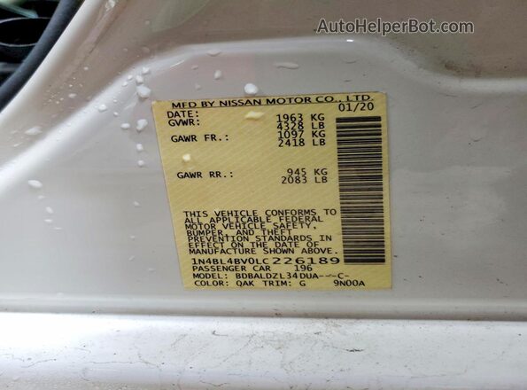 1N4BL4BV0LC226189 2020 NISSAN ALTIMA White Widok naklejki z numerem VIN