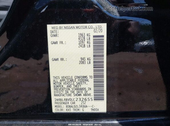 1N4BL4BV0LC232655 2020 NISSAN ALTIMA Black ძრავის განყოფილების ხედი