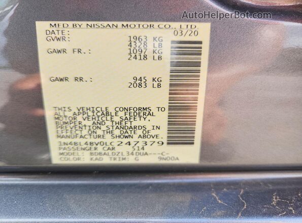 1N4BL4BV0LC247379 2020 NISSAN ALTIMA Gray 