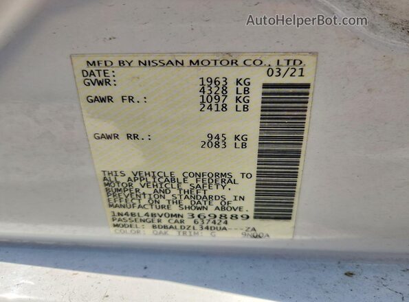 1N4BL4BV0MN369889 2021 NISSAN ALTIMA White Շարժիչի բաժամունքի տեսք