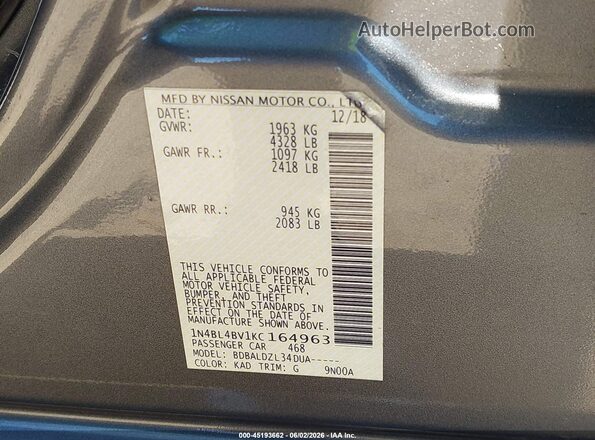 1N4BL4BV1KC164963 2019 NISSAN ALTIMA Gray Widok komory silnika