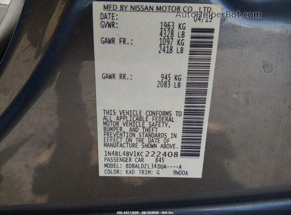1N4BL4BV1KC222408 2019 NISSAN ALTIMA Gray Engine compartment view
