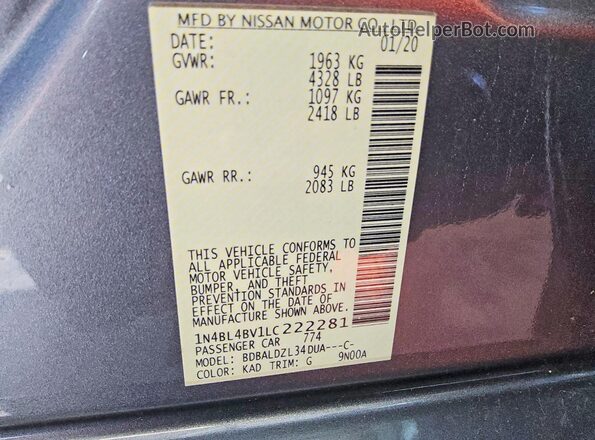 1N4BL4BV1LC222281 2020 NISSAN ALTIMA Gray Շարժիչի բաժամունքի տեսք