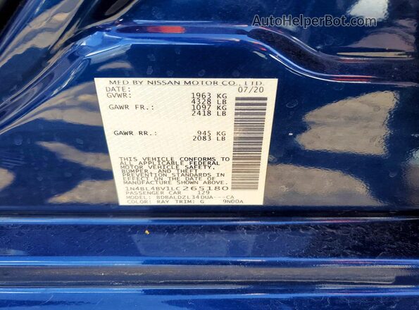1N4BL4BV1LC265180 2020 NISSAN ALTIMA Синий Вид подкапотного пространства
