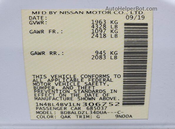 1N4BL4BV1LN306752 2020 NISSAN ALTIMA White VIN sticker view