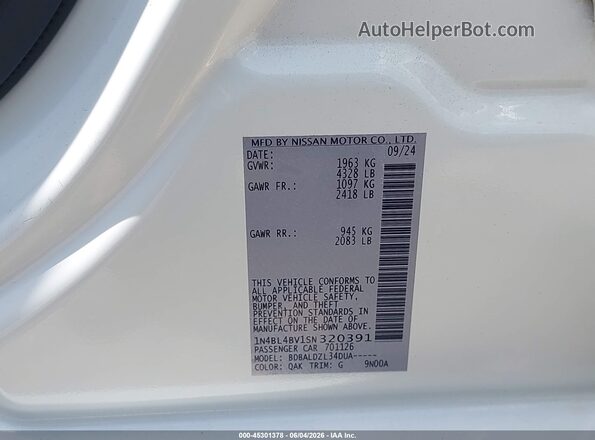 1N4BL4BV1SN320391 2025 NISSAN ALTIMA White Engine compartment view