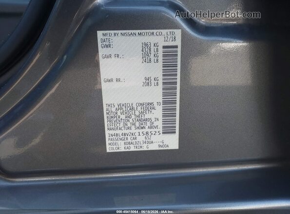 1N4BL4BV2KC158525 2019 NISSAN ALTIMA Gray Vista del compartimento del motor