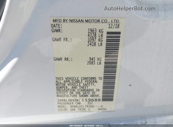 1N4BL4BV2KC159688 2019 NISSAN ALTIMA White Widok komory silnika