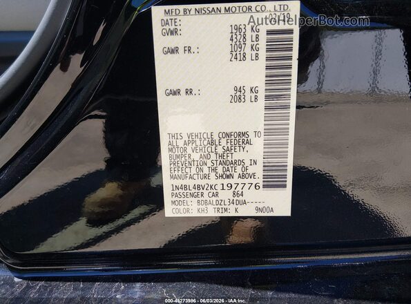 1N4BL4BV2KC197776 2019 NISSAN ALTIMA Black Вид підкапотного простору
