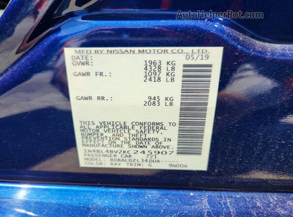 1N4BL4BV2KC245907 2019 NISSAN ALTIMA Blue Vista del compartimento del motor