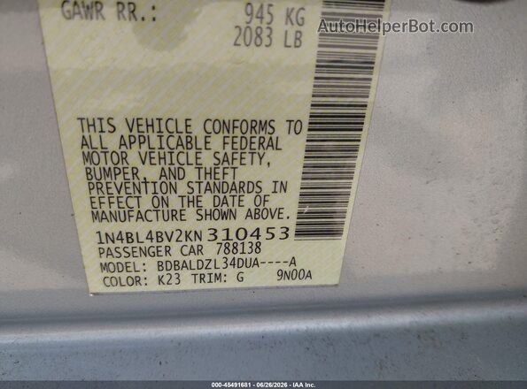 1N4BL4BV2KN310453 2019 NISSAN ALTIMA Silver Շարժիչի բաժամունքի տեսք