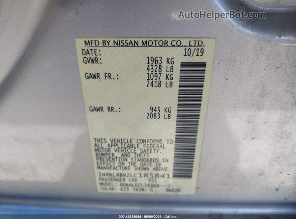 1N4BL4BV2LC185841 2020 NISSAN ALTIMA Silver Շարժիչի բաժամունքի տեսք