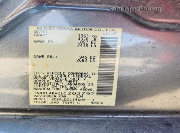 1N4BL4BV2LC202797 2020 NISSAN ALTIMA Серый Вид наклейки с VIN-кодом