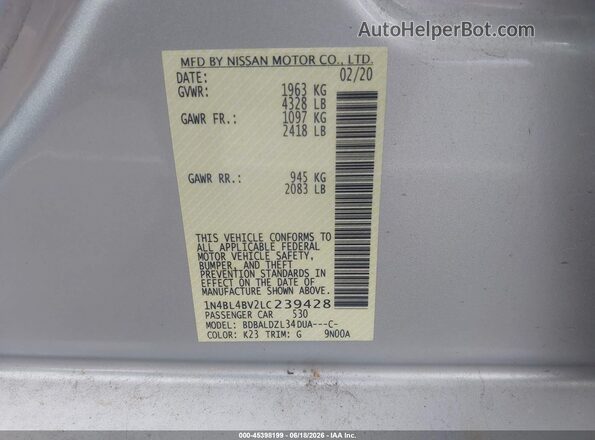 1N4BL4BV2LC239428 2020 NISSAN ALTIMA Silver Вид підкапотного простору