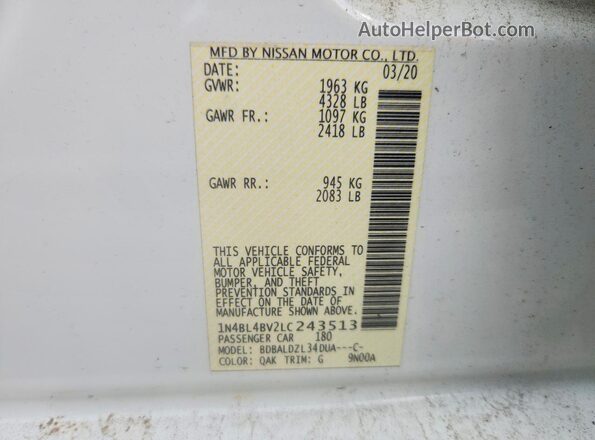 1N4BL4BV2LC243513 2020 NISSAN ALTIMA Белый Вид подкапотного пространства